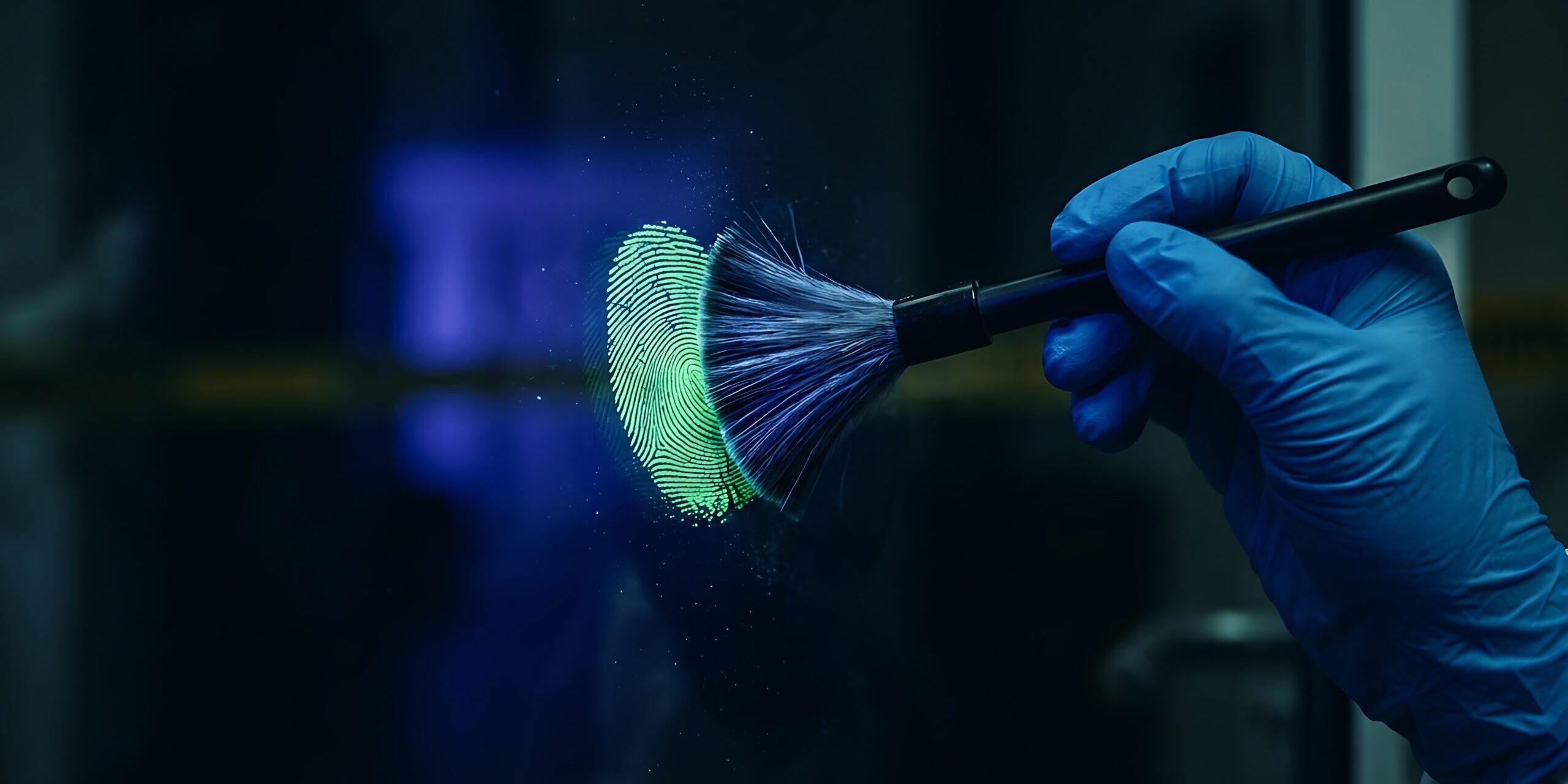 Fingerprint scanning with brush tool under UV light for forensic analysis Detective Mystery Document, Dark Cinematic